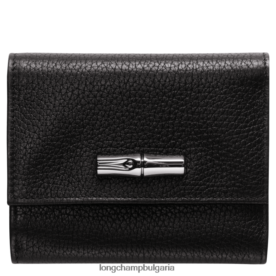 черен Жени компактен портфейл Roseau Essential кожени изделия Longchamp 6084PZ568